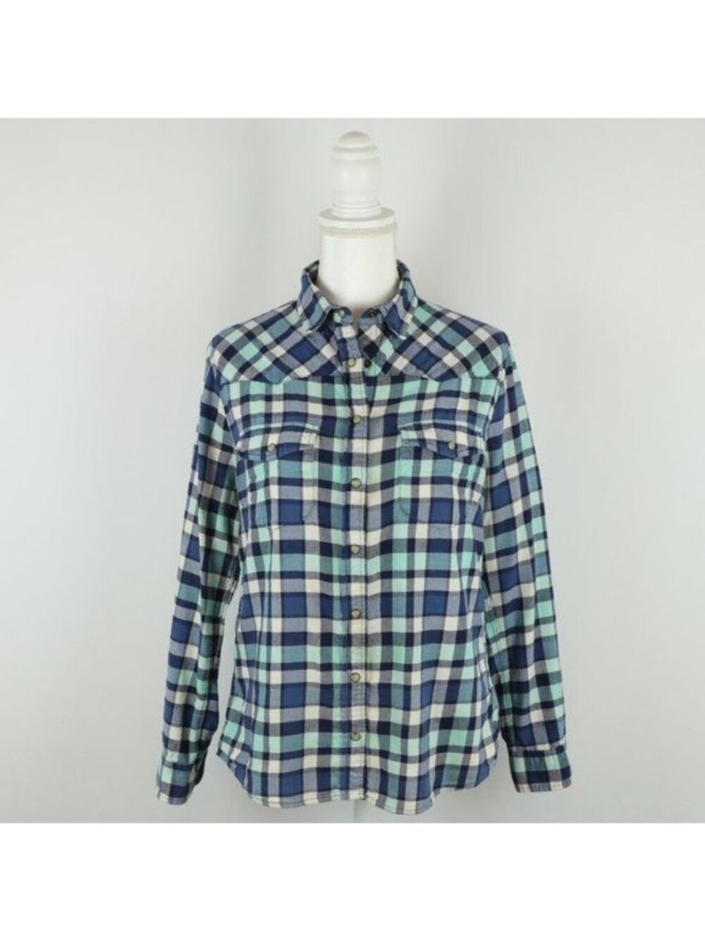Jachs Girlfriend Bea Women's Medium Blue White Plaid Lightweight Flannel Shirt